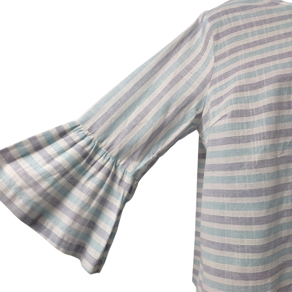 Hem & Thread Linen Striped Tie Neck Bell Sleeve Open Back Top Blouse Sz L NWT - Picture 3 of 6
